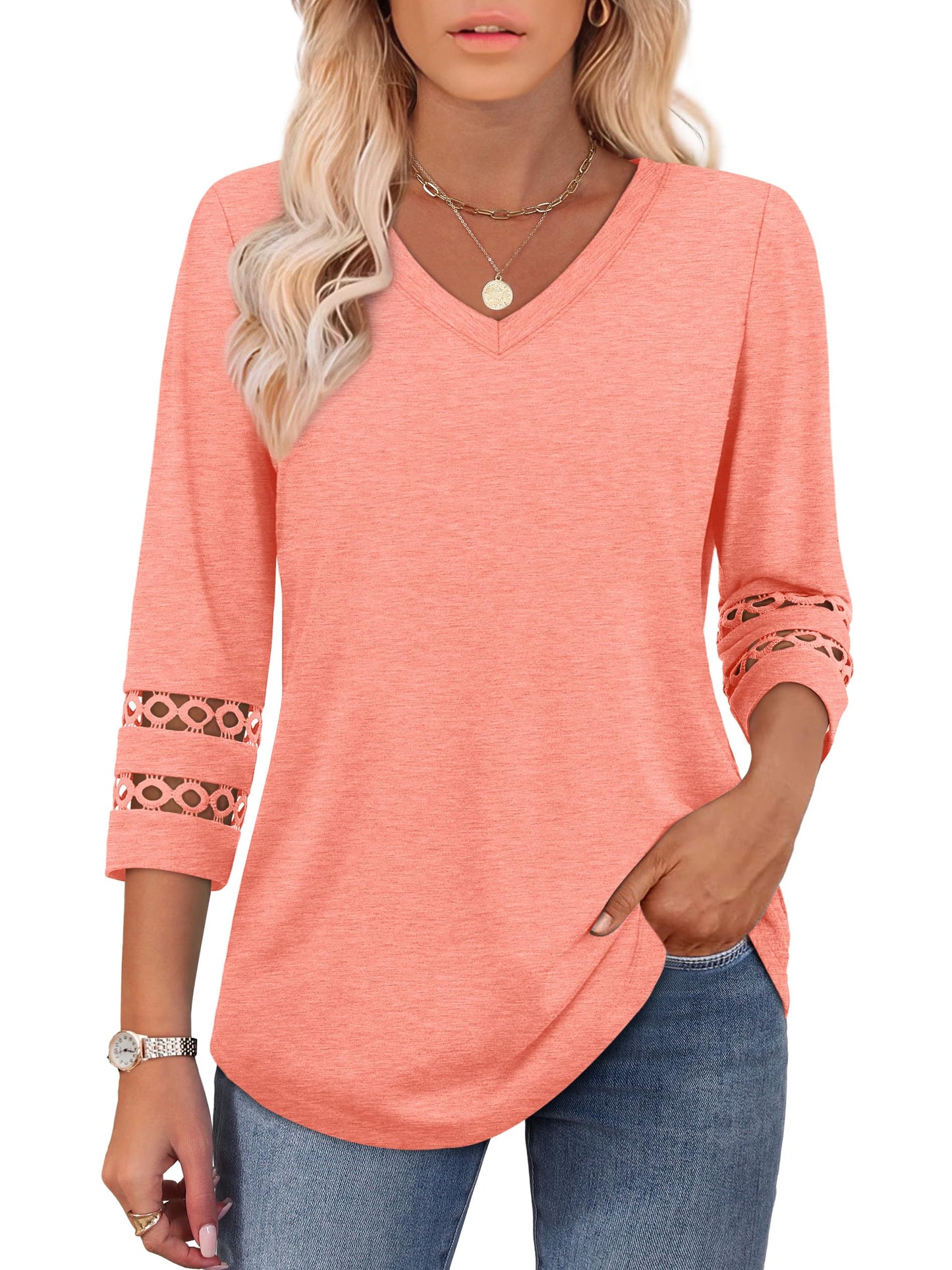 3/4 Length Sleeve Womens Tops and Blouses Lace Sleeve V Neck Tshirts Spring Tops for Women 2025 Resort Wear Coral S