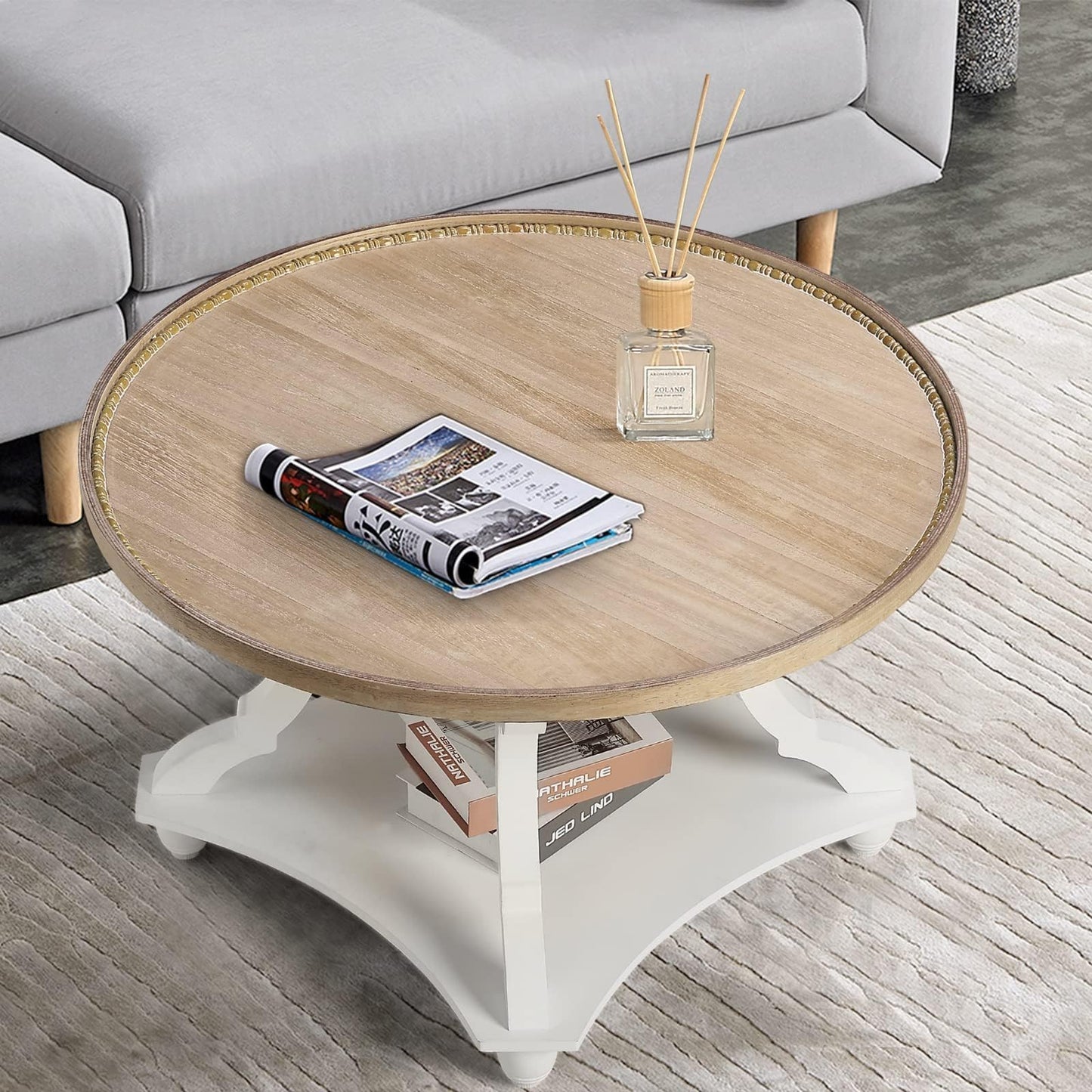 Wnutrees Farmhouse Round Coffee Table, Wood Tray Top Circle Coffee Table with Storage Shelf Rustic Style for Living Room and Vintage Finish, White