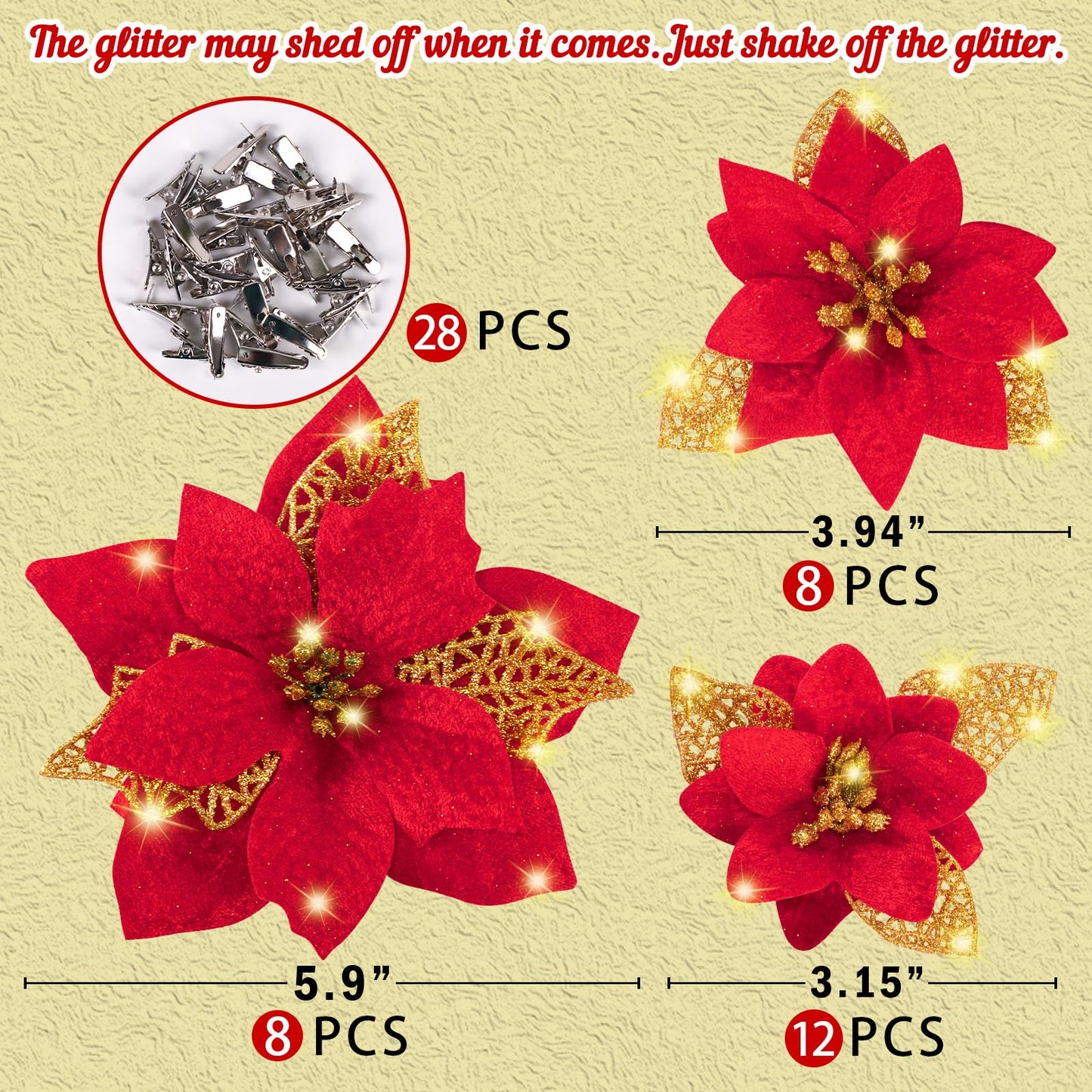 Geefuun 28PCS Christmas Tree Decorations: Poinsettias Artificial Flowers Ornaments Xmas Red Glitter Flower with Clips,3 Sizes(Not Included Stems)