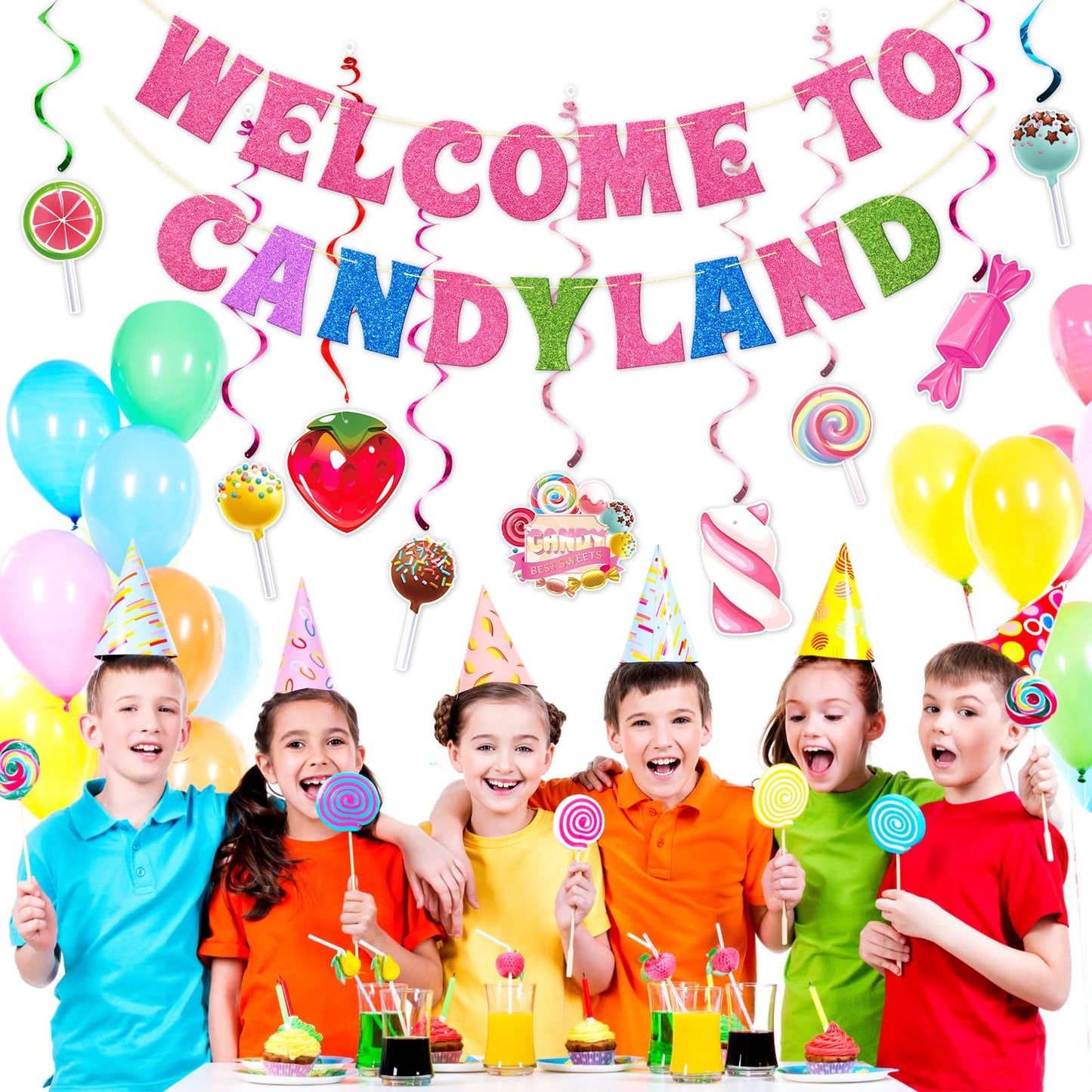 Candy Themed Party Decorations - Hanging Swirls, Banner, Birthday and Baby Shower Decor for Classroom - 11Pcs