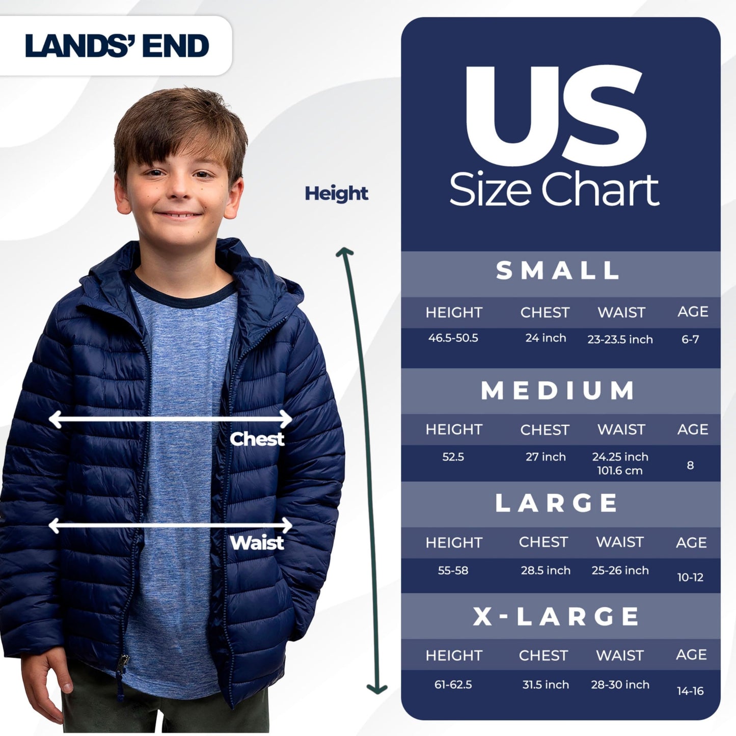 Lands' End Kids Full Zip Lightweight Thermoplume Hooded Jacket, Navy, Large
