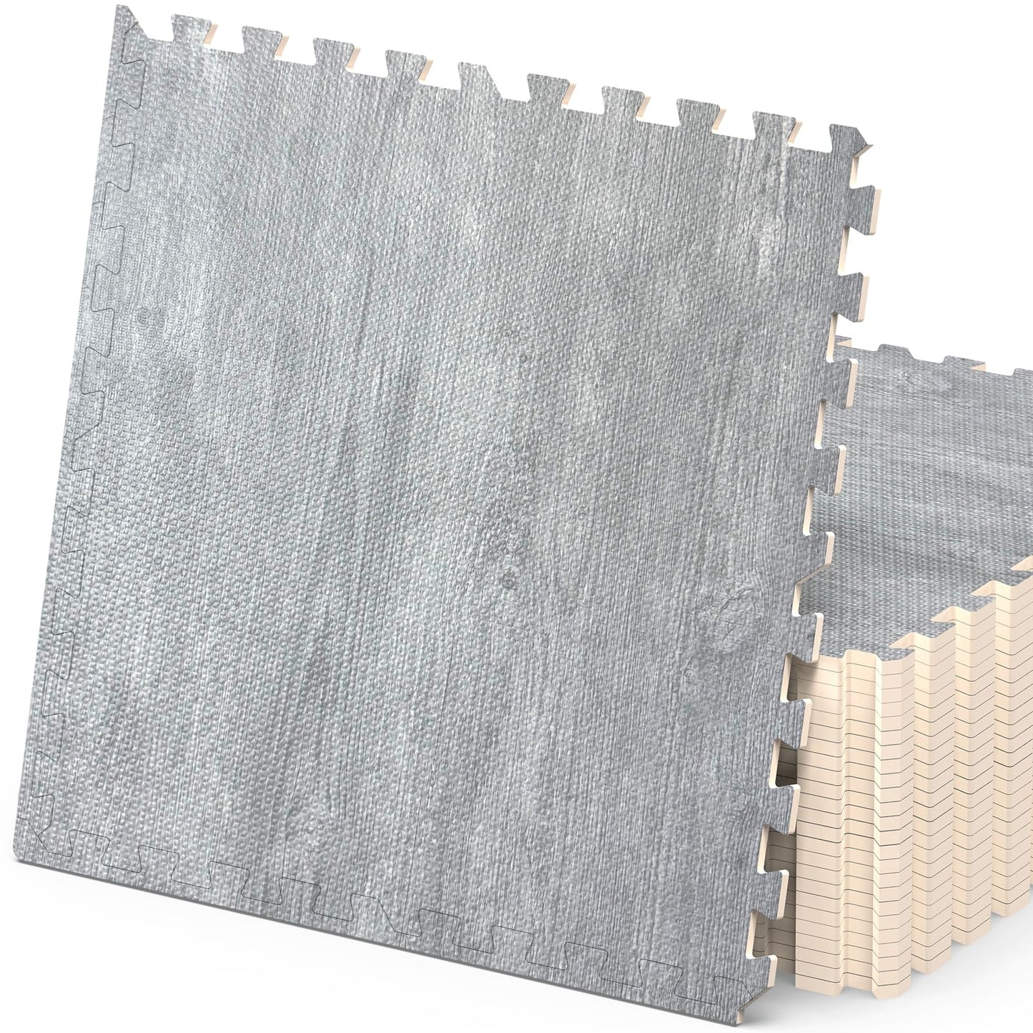 100 Sq. Ft 3/8 Inch Thick Printed Foam Tiles Interlocking Foam Mat, 24" x 24", 25 pcs, Grey Wood Grain Style Print