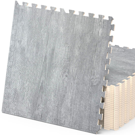100 Sq. Ft 3/8 Inch Thick Printed Foam Tiles Interlocking Foam Mat, 24" x 24", 25 pcs, Grey Wood Grain Style Print