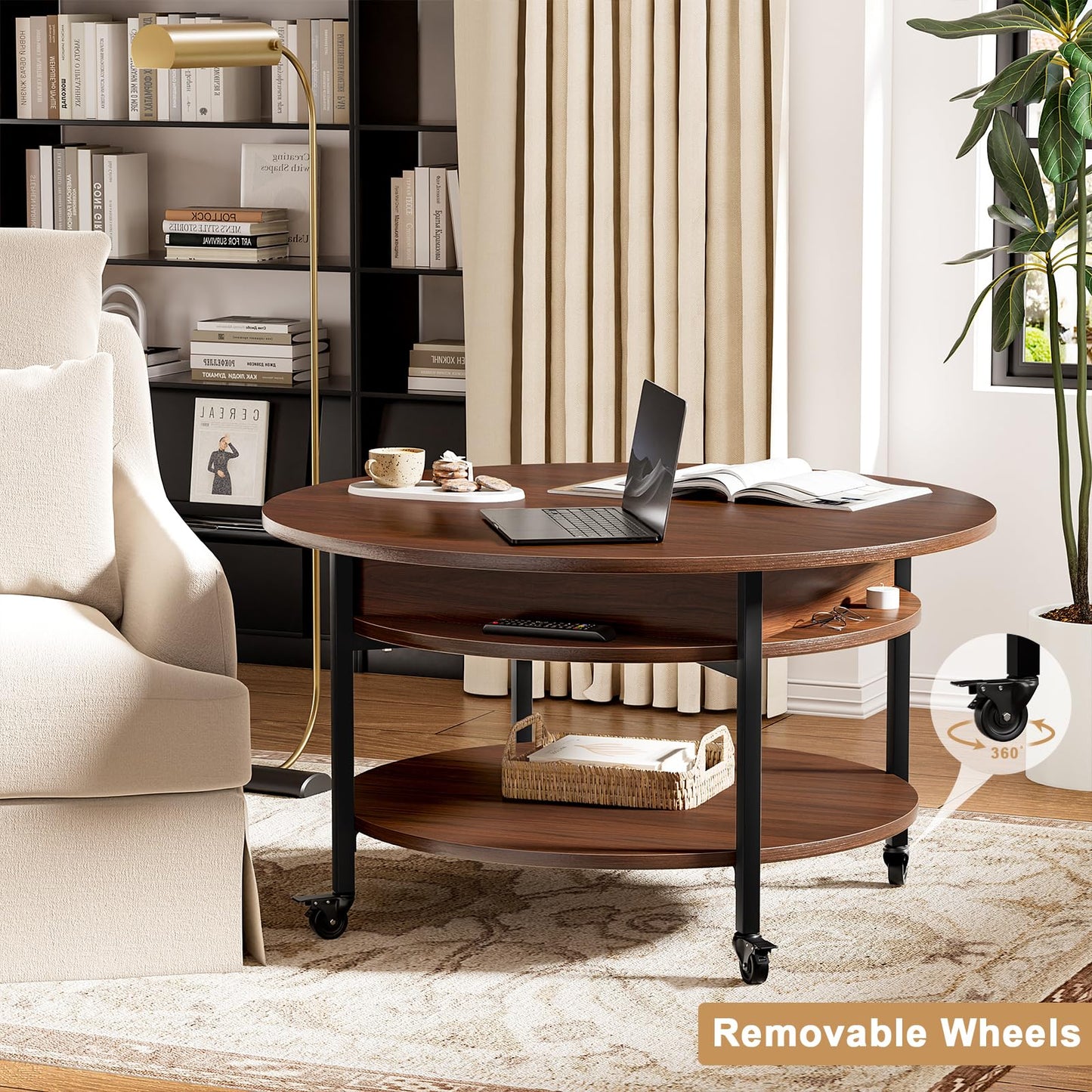 FABATO Round Lift Top Coffee Table With Wheels, 26.77'' Rolling Center Table With Storage and Compartment for Living Room, 2 Tier Small Circle Dining Table, Espresso