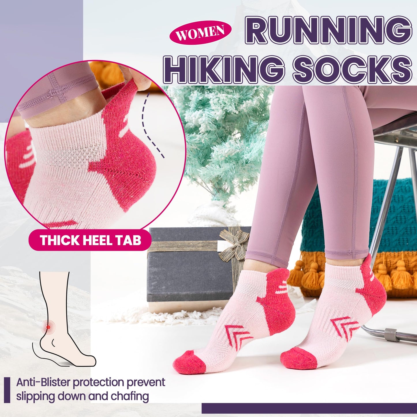 Velice Merino Wool Ankle Hiking Running Socks for Women Compression Support Thick Athletic Cushion Breathable No Show Socks 6 Pairs(Multicolor, Medium)