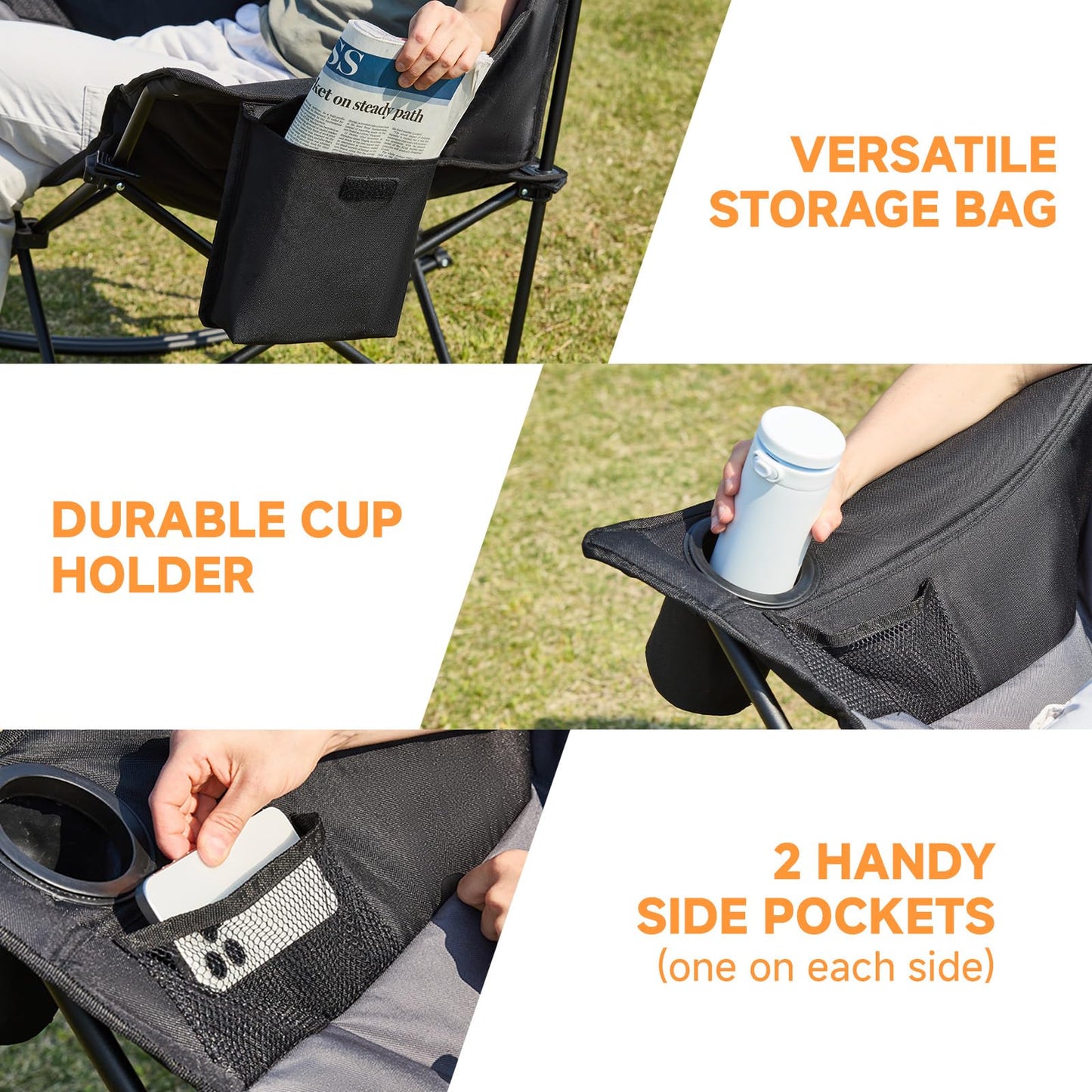 Youtanic Oversized Folding Rocking Camping Chair, Padded Portable Rocking Chair with Pockets, Cup Holder and Carry Bag, Heavy Duty Outdoor Rocker Patio Chair for Garden, Lawn, Yard, Up to 400lbs, Gray