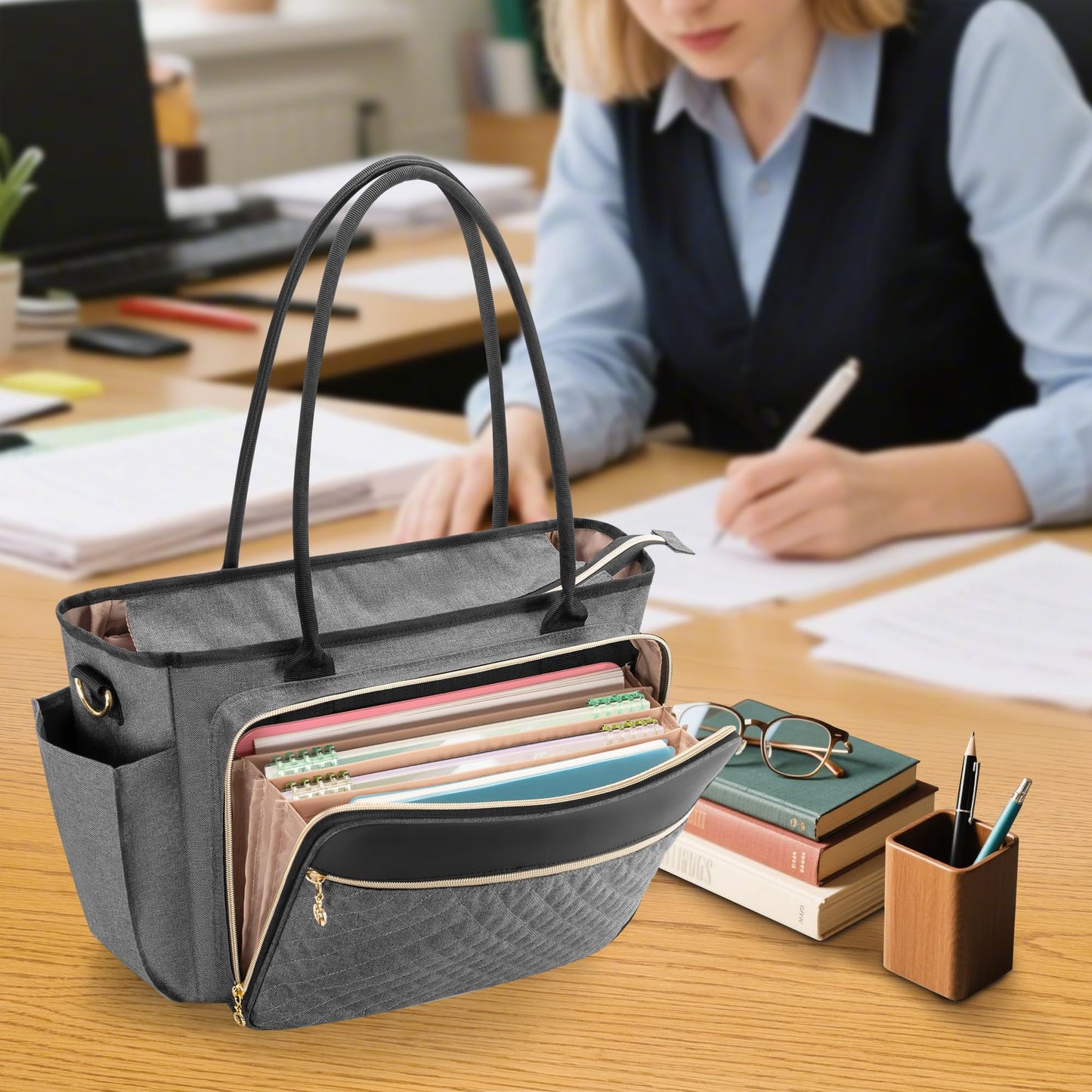 LUXJA Teacher Tote Bag with Accordion File Pocket, Teacher Bag for Women with 15.6 Inch Laptop Compartment, Gray