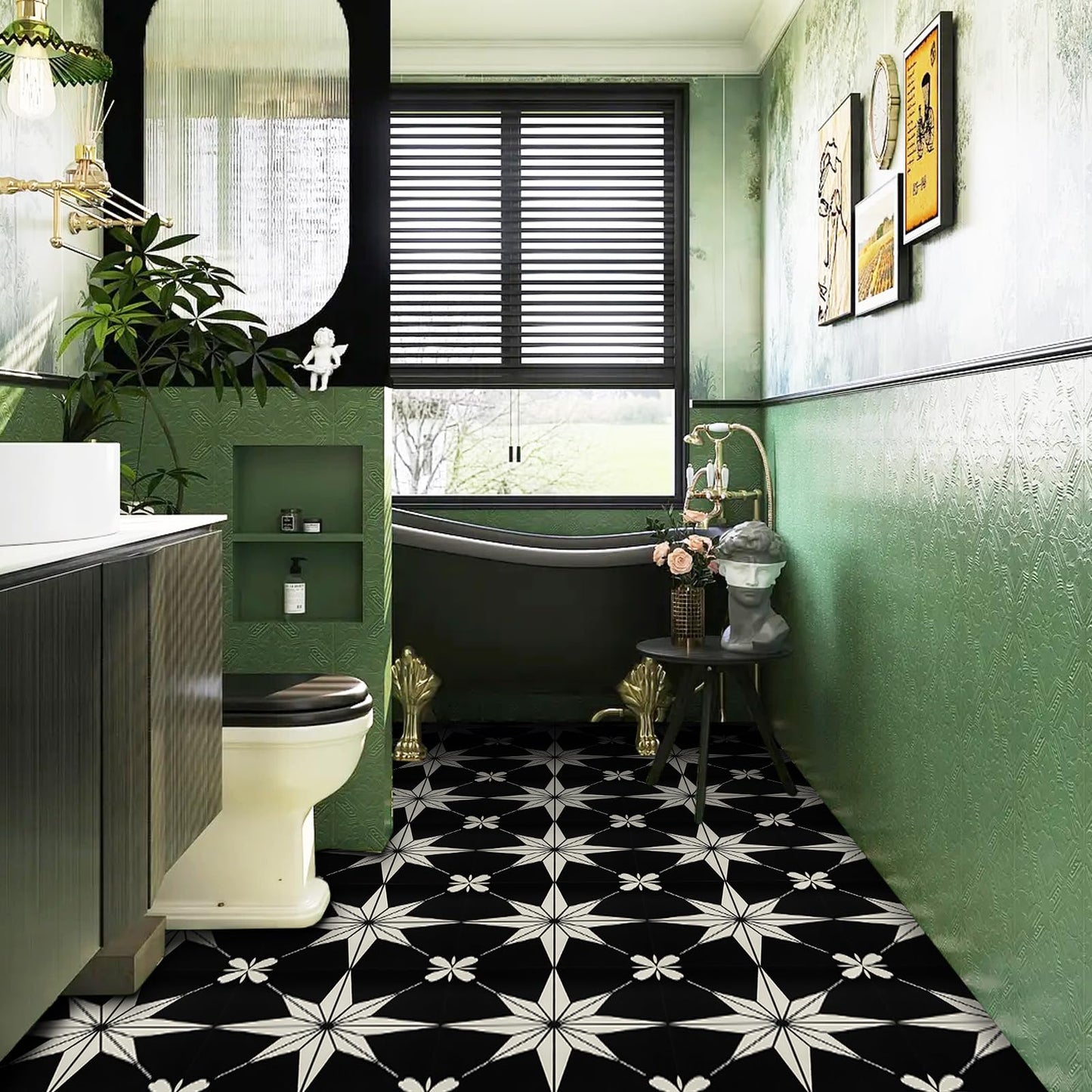 RomDeco Peel and Stick Floor Tile Waterproof, 11.81 in *11.81 in Vinyl Flooring Black, 10 Pcs Peel and Stick Flooring for Bathroom, Kitchen and Bedroom, Easy to Install Self-Adhesive