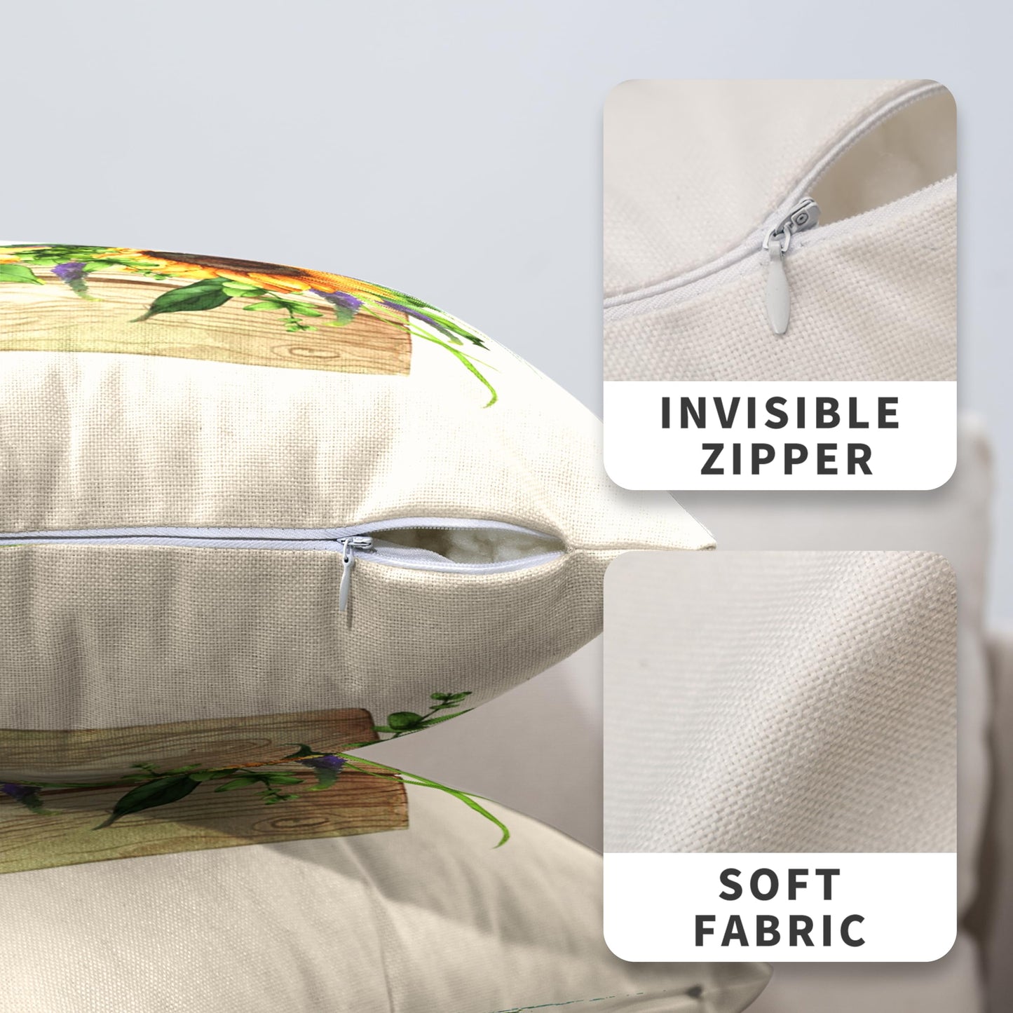 Kwlegh Sunflower Pillow Covers Spring Summer Floral Throw Pillow Covers Set of 2 Sunflowers with Eucalyptus Leaves Farmhouse Pillow Case 18x18 for Sofa Car Patio, Cotton Linen