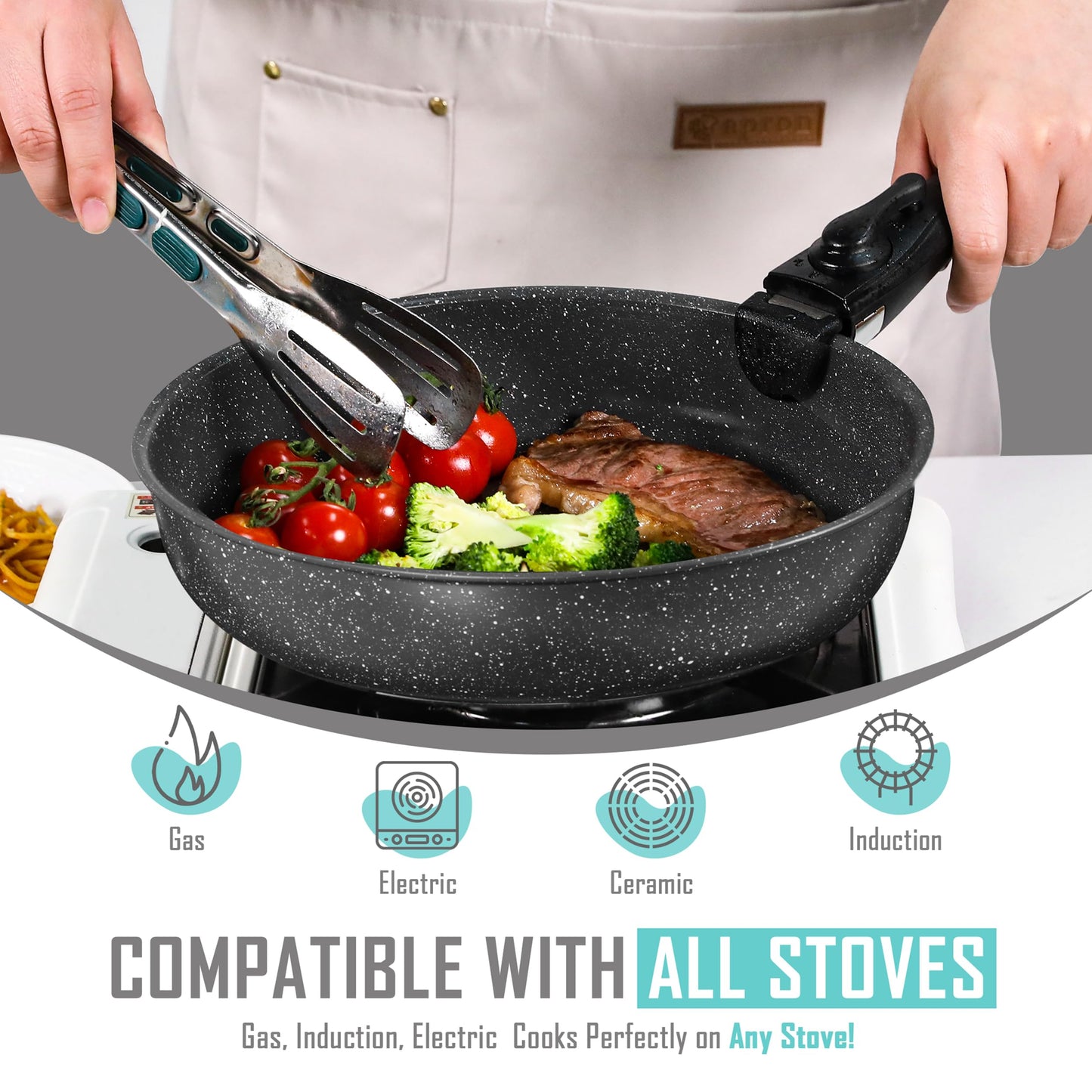 15-Piece Premium Nonstick Cookware Set – Marble Coated Pots & Pans (Interior & Exterior), Removable Handle, Space-Saving for RVs & Small Kitchens, Induction & Oven Safe, PFOA-Free