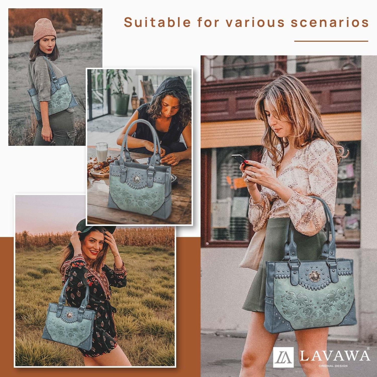 LAVAWA Tote Bag for Women Large Western Purse Ladies Top Handle Shoulder Handbags Vintage Embossed Concho Studs (Blue)