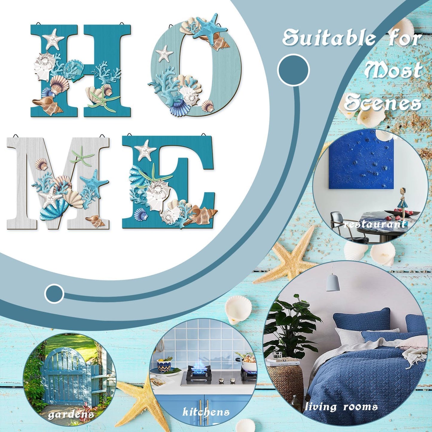 4 Pcs Wood Home Sign Coastal Beach Wall Decor Beach Style Signs Blue Starfish and Shell Wall Decor Beach Theme Sign for Home Letters Hanging Wall Decor Art Signs for Living Room Kitchen Bedroom Decor