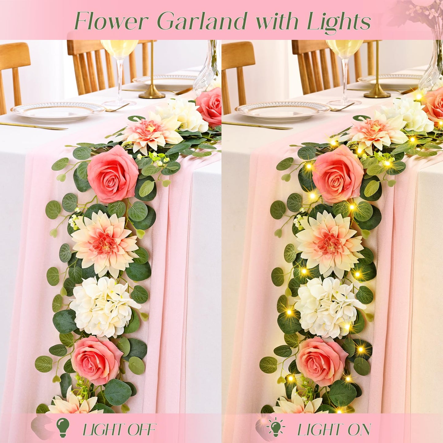 Yastouay 6 Ft Flower Garland with Lights, Pink Rose Floral Garland Fake Flowers for Wedding Arch Party Tables Backdrop Decor