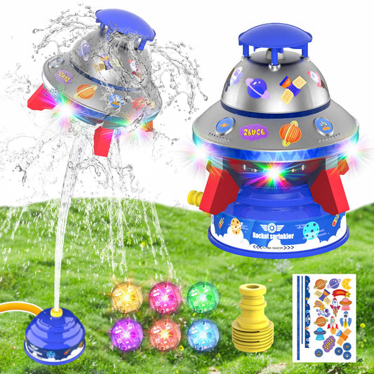 Outdoor Water Sprinkler Toys for Kids, Summer Water UFO Spaceship Rocket Sprinklers Launch Toys with Light, Ideal Holiday Backyard Lawn Yard Game Birthday Gift for Boys Girls 3 Years and Up (Purple)