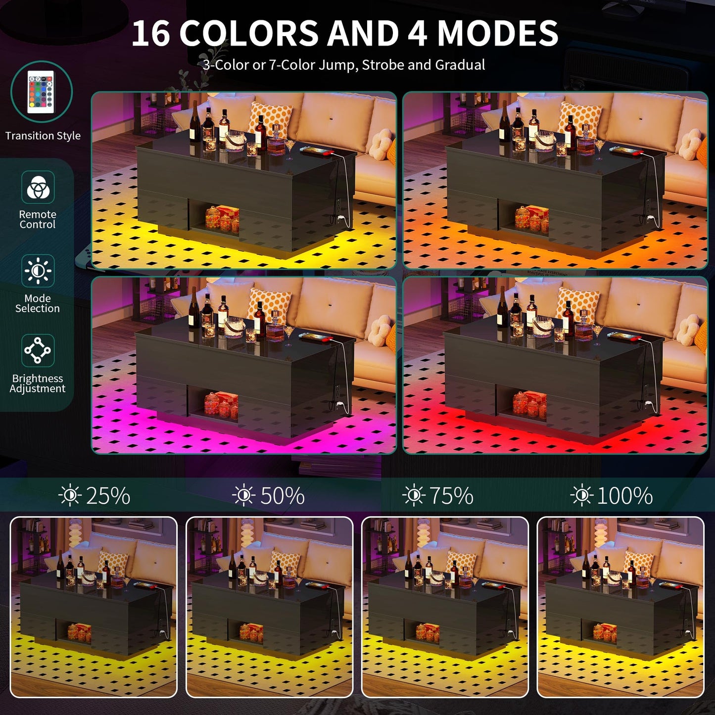 YITAHOME LED Lift Top Coffee Tables with Power Outlets Charging Station for Living Room, Modern Coffee Table with Storage 2 Drawers and Open Shelfs Rectangular Small Coffee Table Decor, Glossy Black