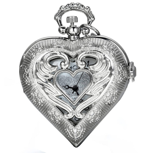 JewelryWe Vintage Silver Tone Heart Locket Style Pendant Pocket Watch Necklace for Lady Women, 30-inch Chain for Christmas