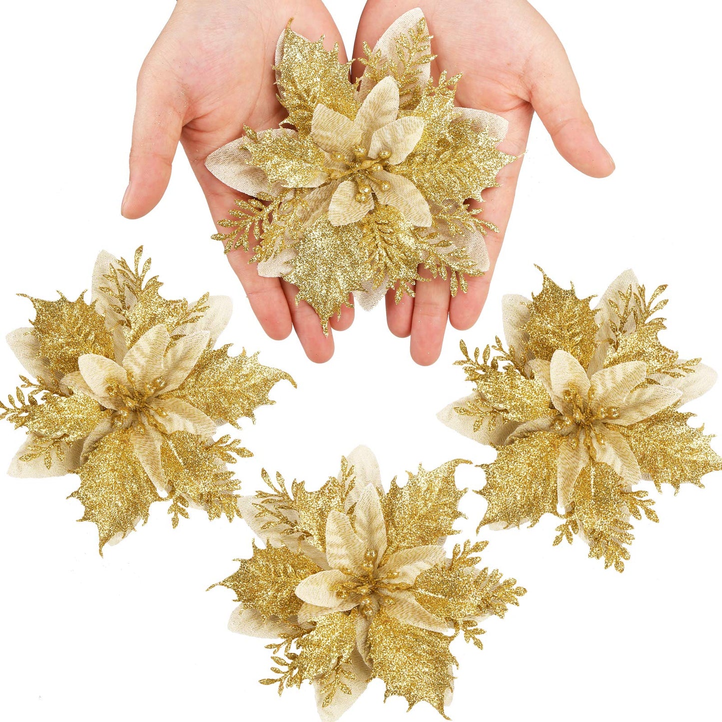 GREENTIME 12 Pcs Glitter Poinsettia 5.5" Artificial Flowers Christmas with Clips Stems Xmas Tree Ornaments for Wedding Party Wreath Decoration (Golden