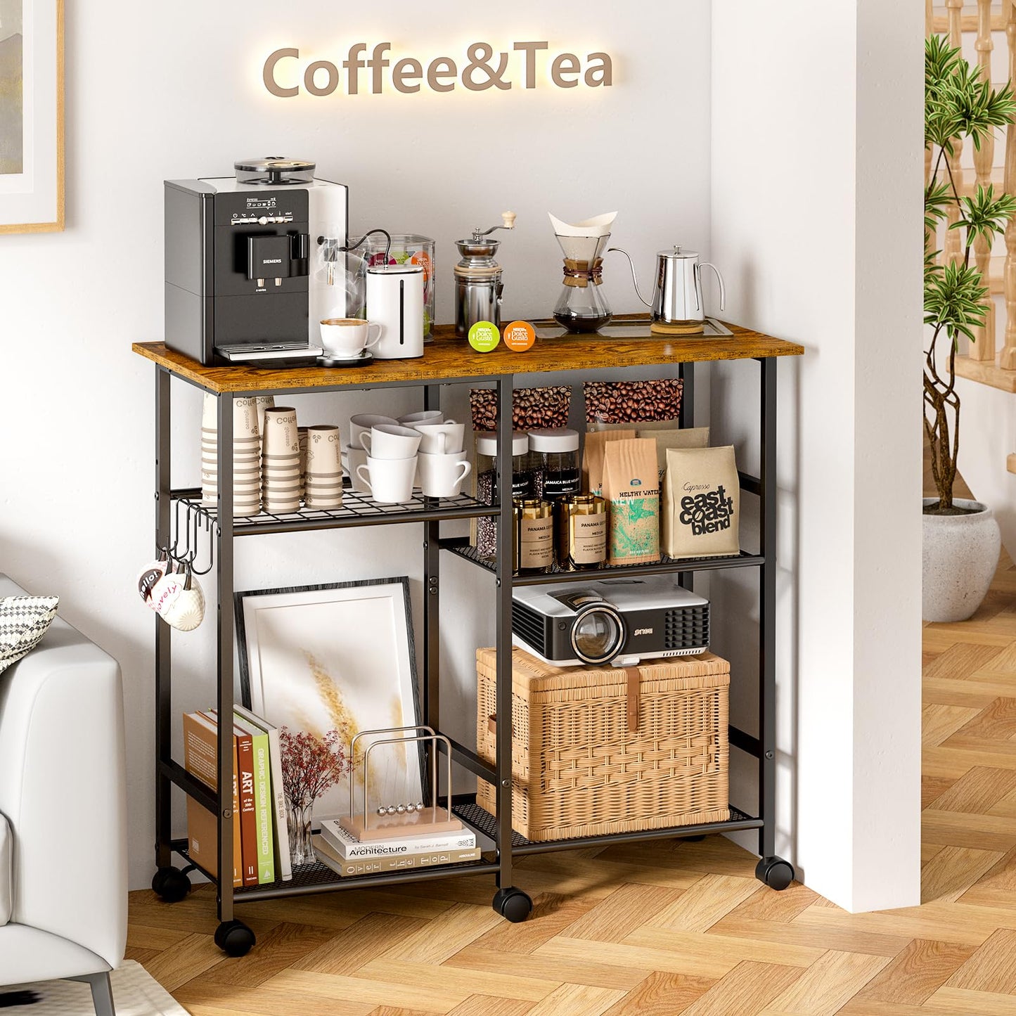 ThreeHio Kitchen Microwave Cart, Microwave Stand with Adjustable Shelf, Coffee Bar Stand Kitchen Baker's Rack with Wheels Rolling Storage Cart Organizer Shelf for Living Room, Office, Balcony
