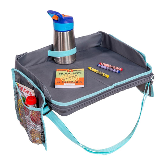 J.L. Childress 3-in-1 Travel Tray & iPad Tablet Holder - Car Seat Lap Tray for Toddlers, Kids - Use on Airplanes, Road Trips, Lap Desk - Tablet Holder and Carry Bag - Grey/Teal