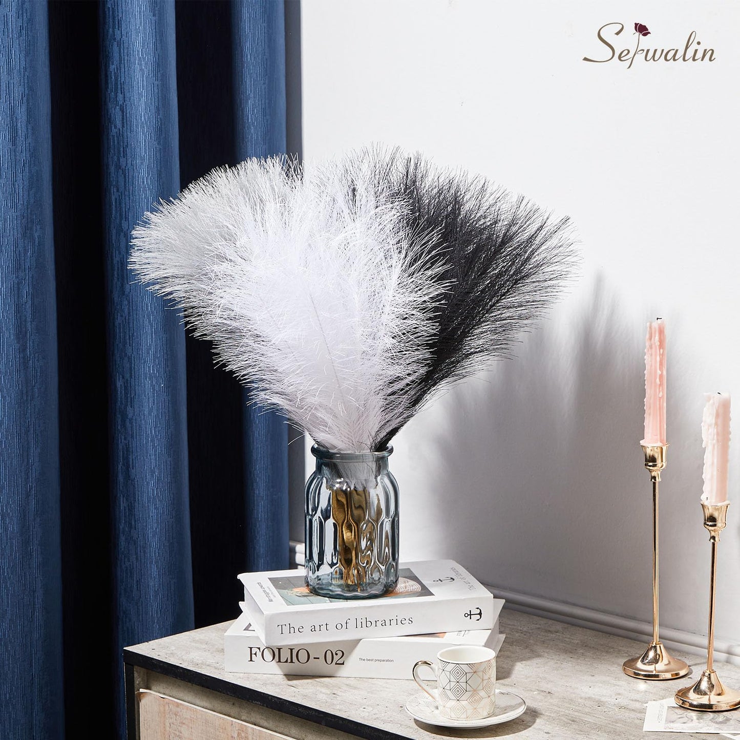 Serwalin 60Pcs Black Pampas Grass Decor, 17'' Faux Pampas Grass, Fluffy Artificial Pompous Grass Vase Filler Flower Arrangement for Living Room Decor Wedding Party Home Decor (Black＆White＆Gray)