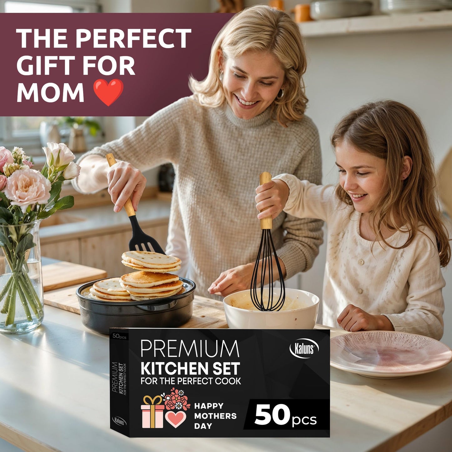 Kaluns 50 PCS Silicone Kitchen Utensils Set Complete Kitchen Set - 800°F Heat Resistant Non-Stick Premium Silicone Cooking Utensils W Wooden Handles - Can Opener, Masher, Turner, Silicone Spatula Set