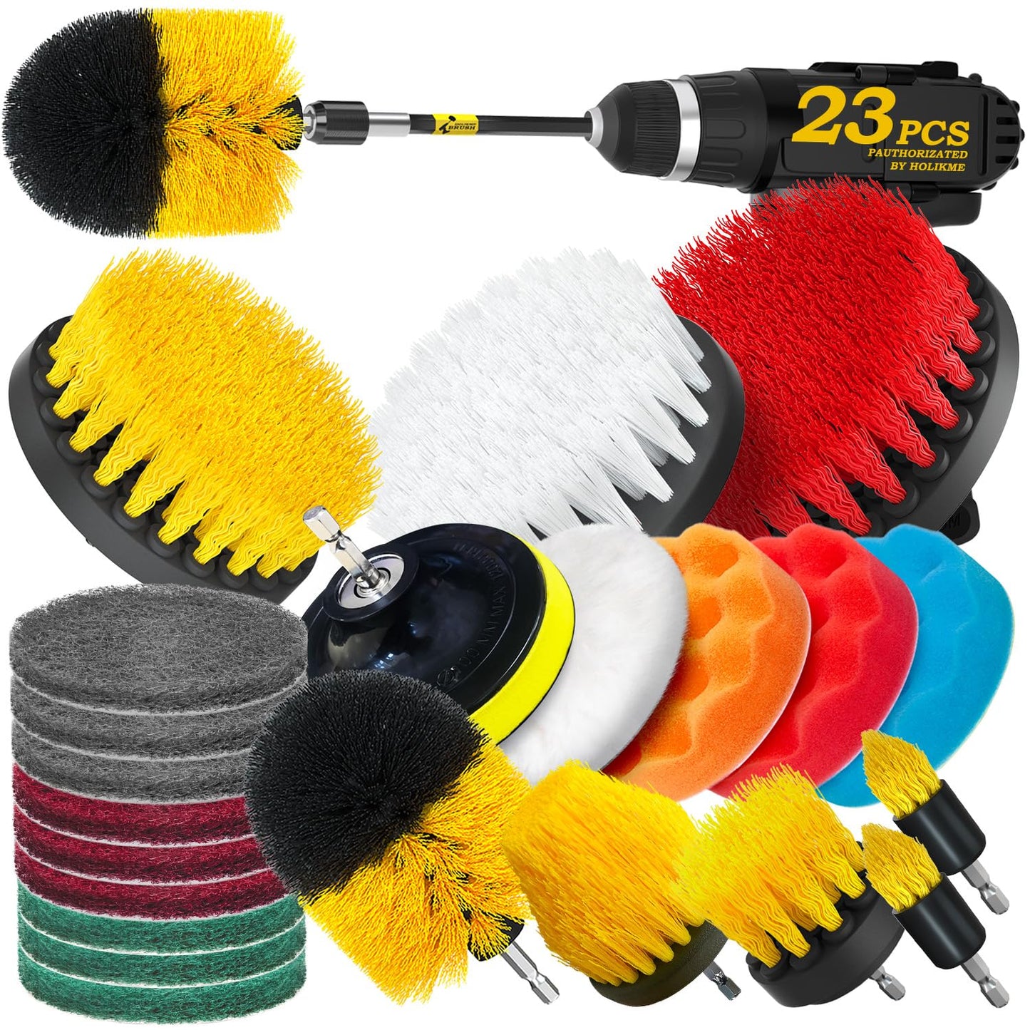 Holikme 23Pack Drill Brush Attachments Set, Scrub Pads & Sponge, Buffing Pads, Power Scrubber Brush with Extend Long Attachment, Car Polishing Pad Kit,Cleaning Supplies，Masonry Brushes,Scratch Brushes