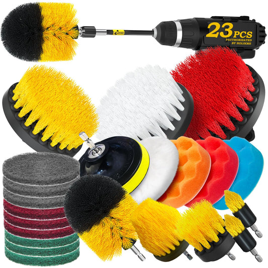 Holikme 23Pack Drill Brush Attachments Set, Scrub Pads & Sponge, Buffing Pads, Power Scrubber Brush with Extend Long Attachment, Car Polishing Pad Kit,Cleaning Supplies，Masonry Brushes,Scratch Brushes