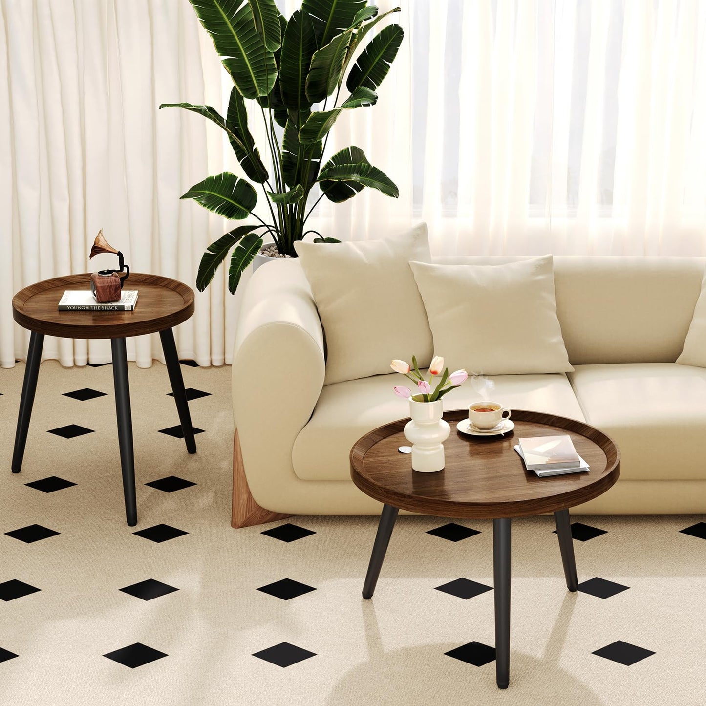 2 PCS Small Round Coffee Table, Walnut Nesting Tables for Small Spaces, Mid Century Modern Centre Table, Easy Assembly Circle Coffee Tables for Living Room, Minimalist Nesting Coffee Table Set of 2