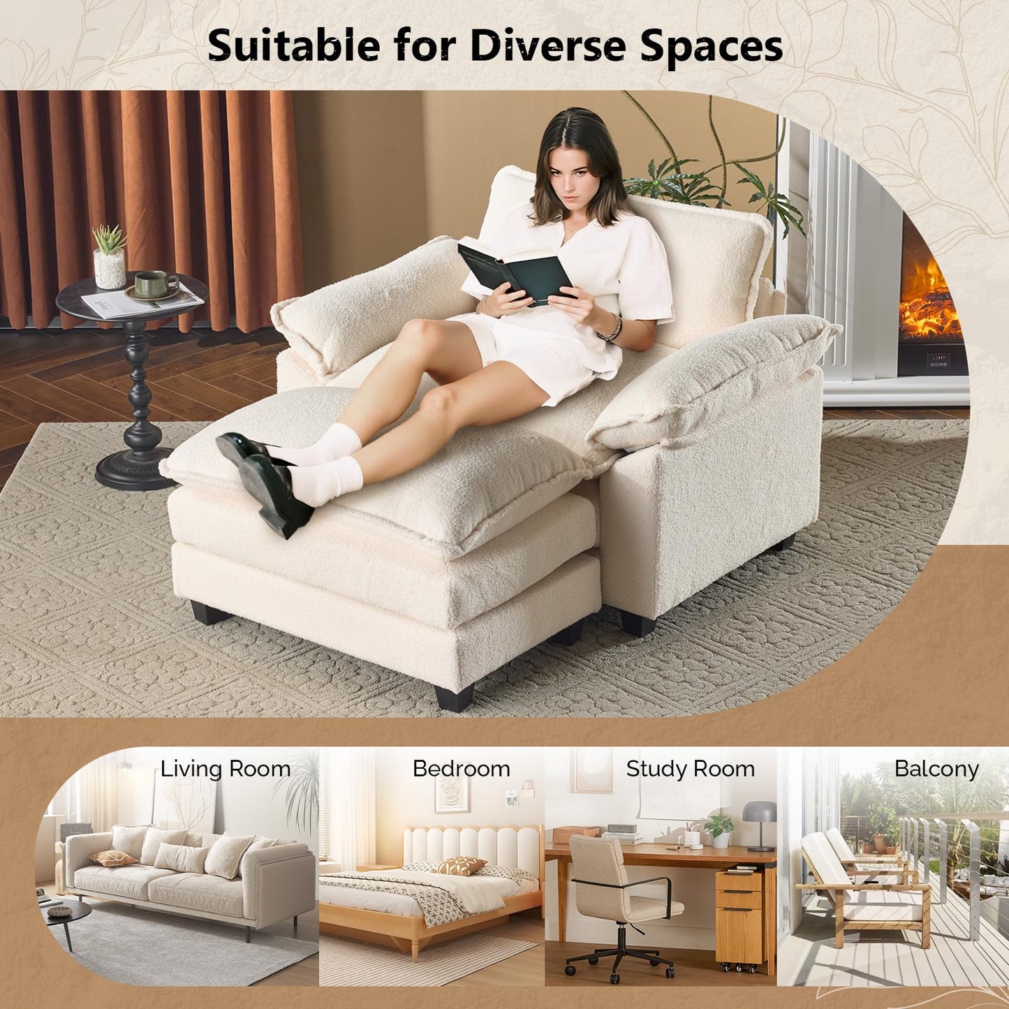 VINGLI Oversized Sofa Chair and a Half with Deep Seat & Movable 2-Layer Ottoman Set, Comfy Cloud Sofa Bed with Chaise, 1-Seater Modular Sectional Sleeper Couch for Living Room, Teddy-Fleece, Beige