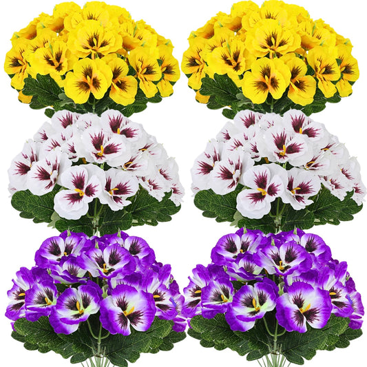 ASTRYAS 12 Bundles Artificial Flowers for Outdoor Fake Pansies Small Wild Flowers Faux Pansy Plastic Flowers for Home Garden Flower Beds Outdoor Plants (White/Purple/Yellow)