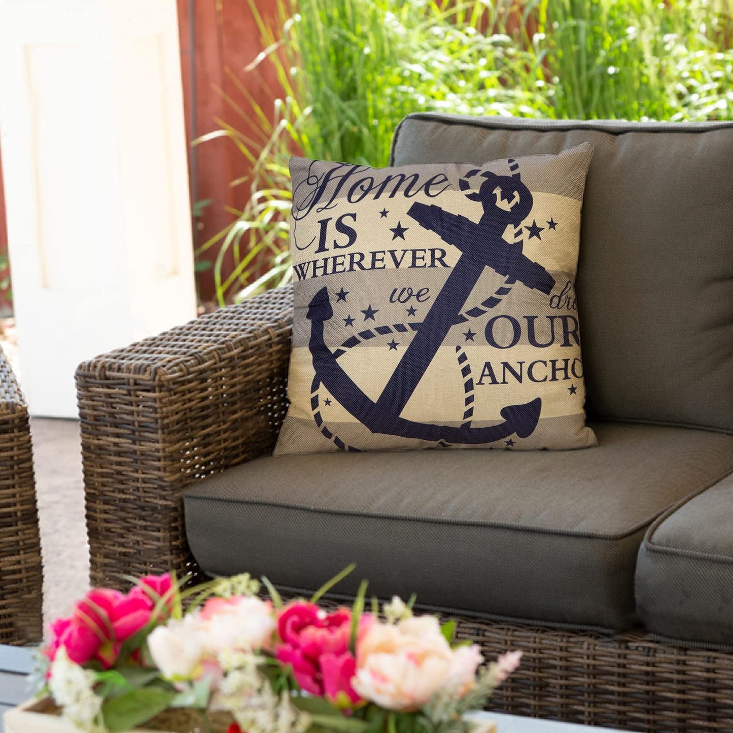 Fjfz Nautical Farmhouse Decorative Throw Pillow Cover 18x18 Home is Wherever We Drop Our Anchor Quote Sign Summer Ocean Cruise Lover Decoration Home Decor Cotton Linen Cushion Case for Sofa Couch