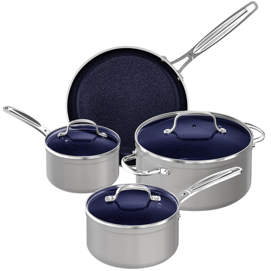 Nuwave 7pc Cookware Set Healthy Duralon Blue Ceramic Nonstick Coated, Diamond Infused Scratch-Resistant, PFAS Free, Oven Safe, Induction Ready & Evenly Heats, Tempered Glass Lids & Stay-Cool Handle