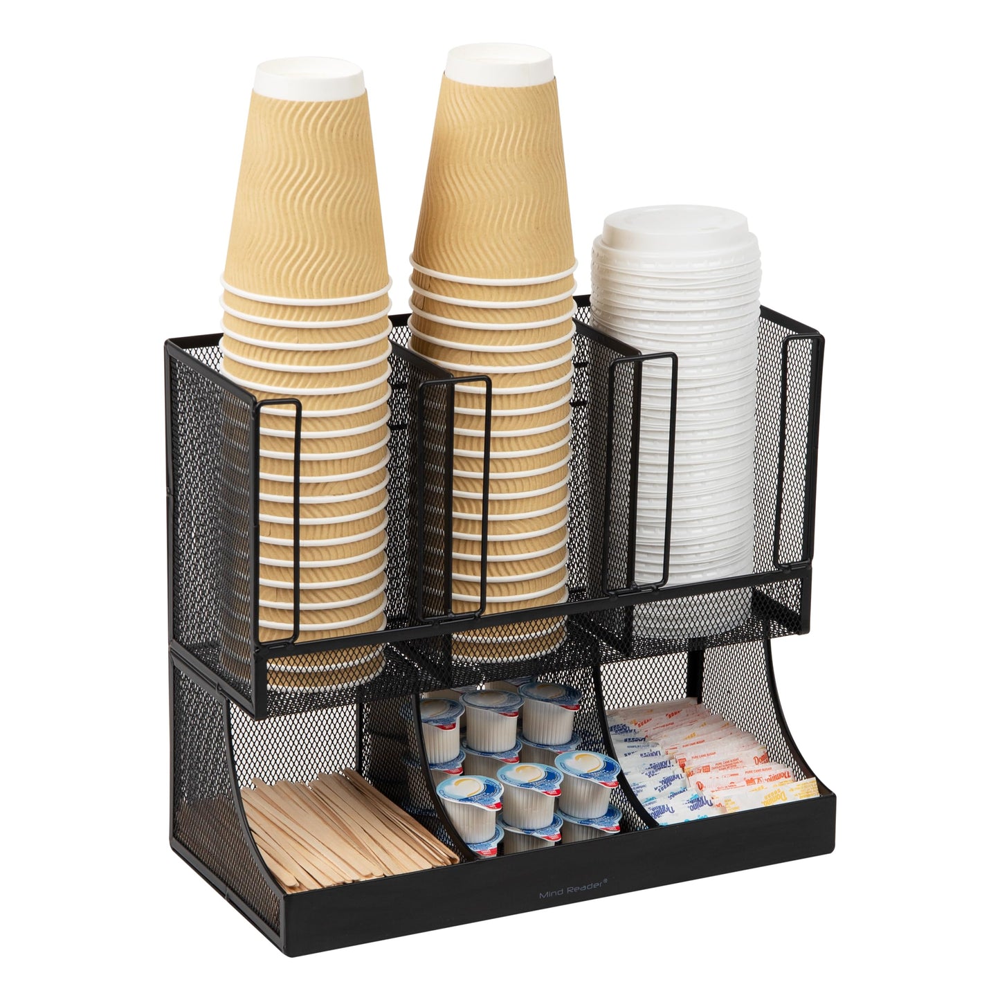 Mind Reader 6 Compartment Upright Breakroom Coffee Condiment and Cup Storage Organizer, Black