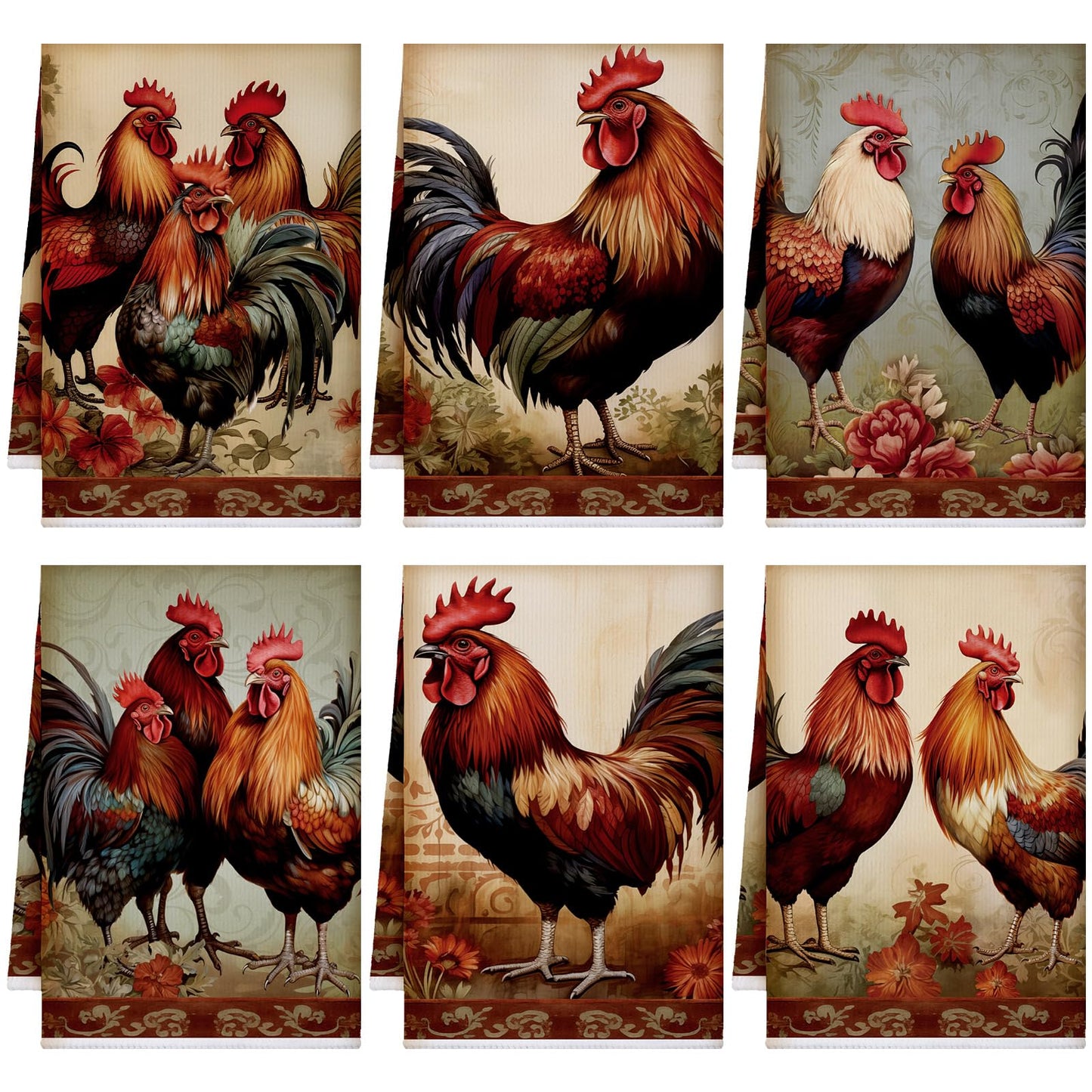Bencailor 6 Pcs Farmhouse Kitchen Towels Chicken Rooster Kitchen Decor Farm Animal Hand Towels for Cooking Baking Housewarming Gift,15.75 x 23.62 inch(Brown,Retro Chicken Print)