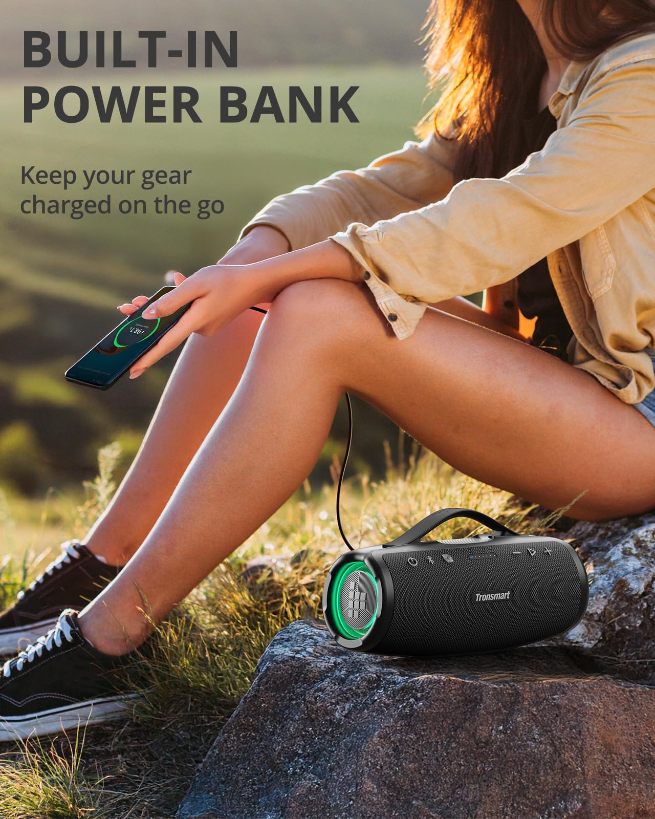 Tronsmart Mirtune S100 Portable Bluetooth Speaker, 50W Punchy Bass &Clear Treble, Retractable Handle, 20H Playtime, IPX7 Waterproof, Customize EQ for Outdoor, Camping,Beach(Black)