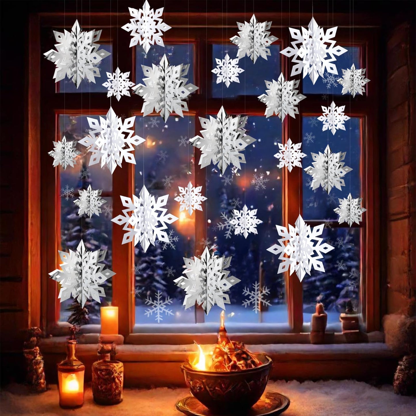 OuMuaMua Winter Christmas Snowflake Decorations Indoor, 24PCS 3D Large White and Silver Snowflakes Hanging Ornaments for Home Xmas Christmas Holiday Winter Wonderland New Year Party Decorations