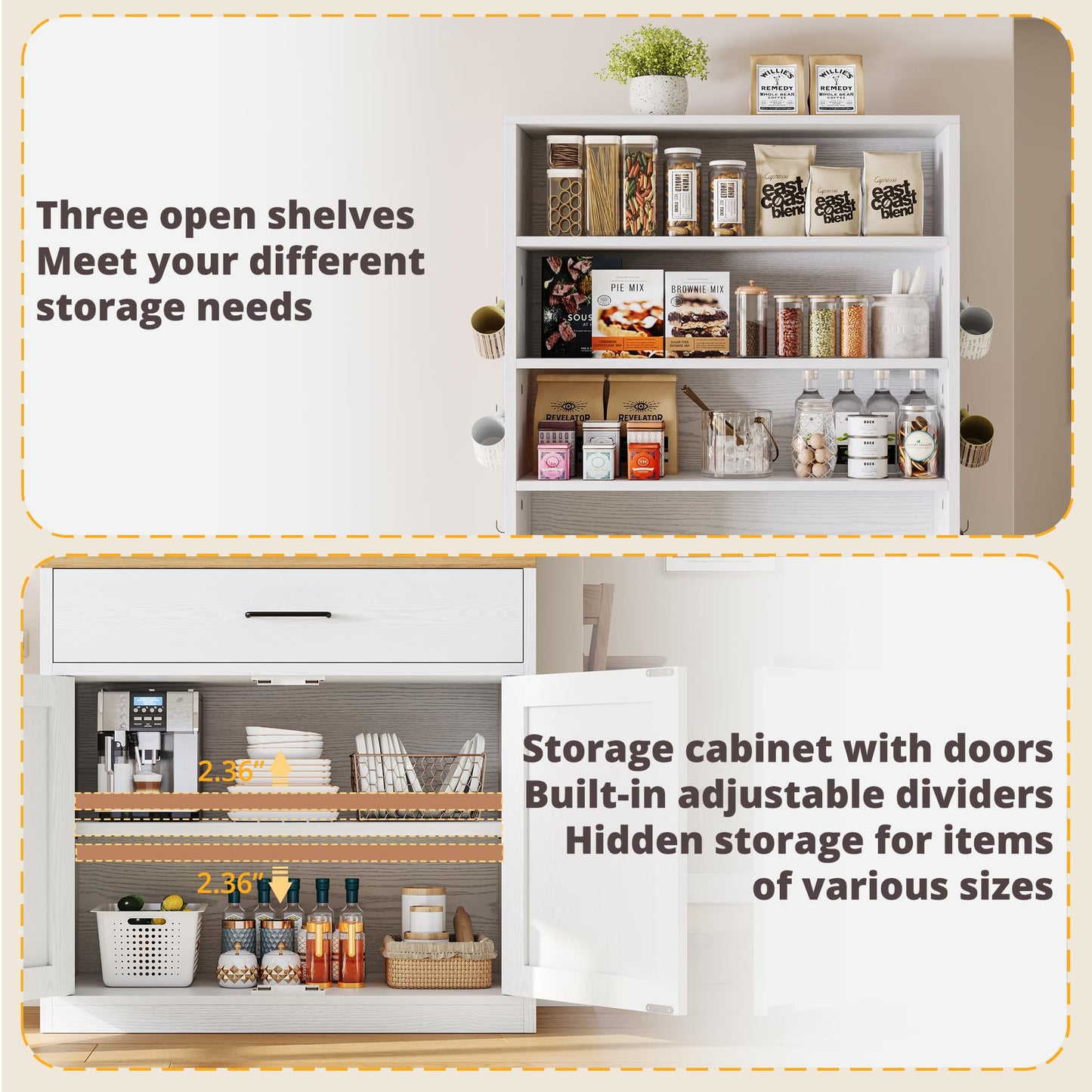 IRONCK Bakers Rack Microwave Stand with Storage and Pegboard, 71" Farmhouse Coffee Bar Cabinet with Drawer, Barn Doors, Adjustable Shelves for Kitchen, Dining Room, Living Room, White