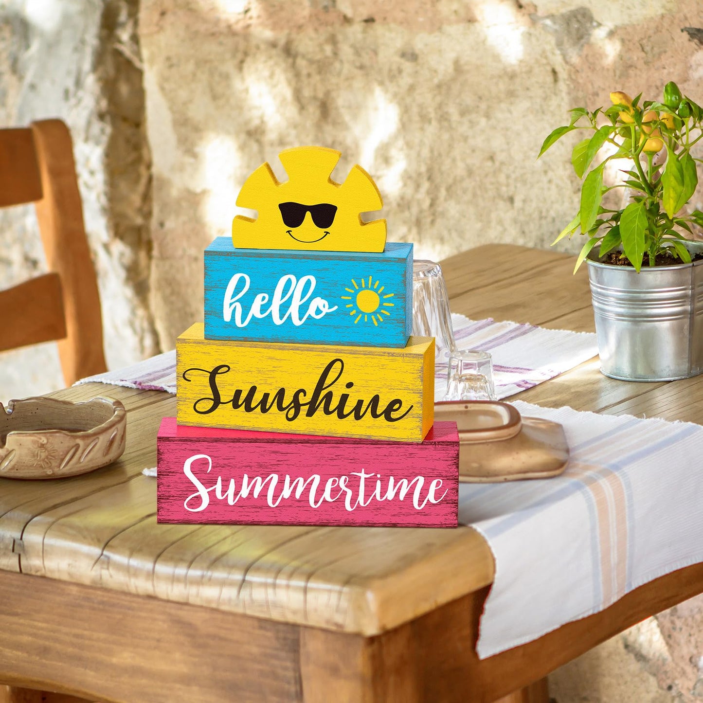 Yuntau Summer Table Decor Hello Sunshine Wooden Block Sign Farmhouse Summertime Beach Tiered Tray Decor Rustic Table Centerpieces Summer Decorations for Home Desk Shelf Mantle Office Decorations