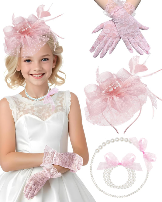 Girls Tea Party Fascinators Hats Lace Gloves Pearl Necklace Set for Wedding 1920s Tea Party Accessories (Blush Pink)