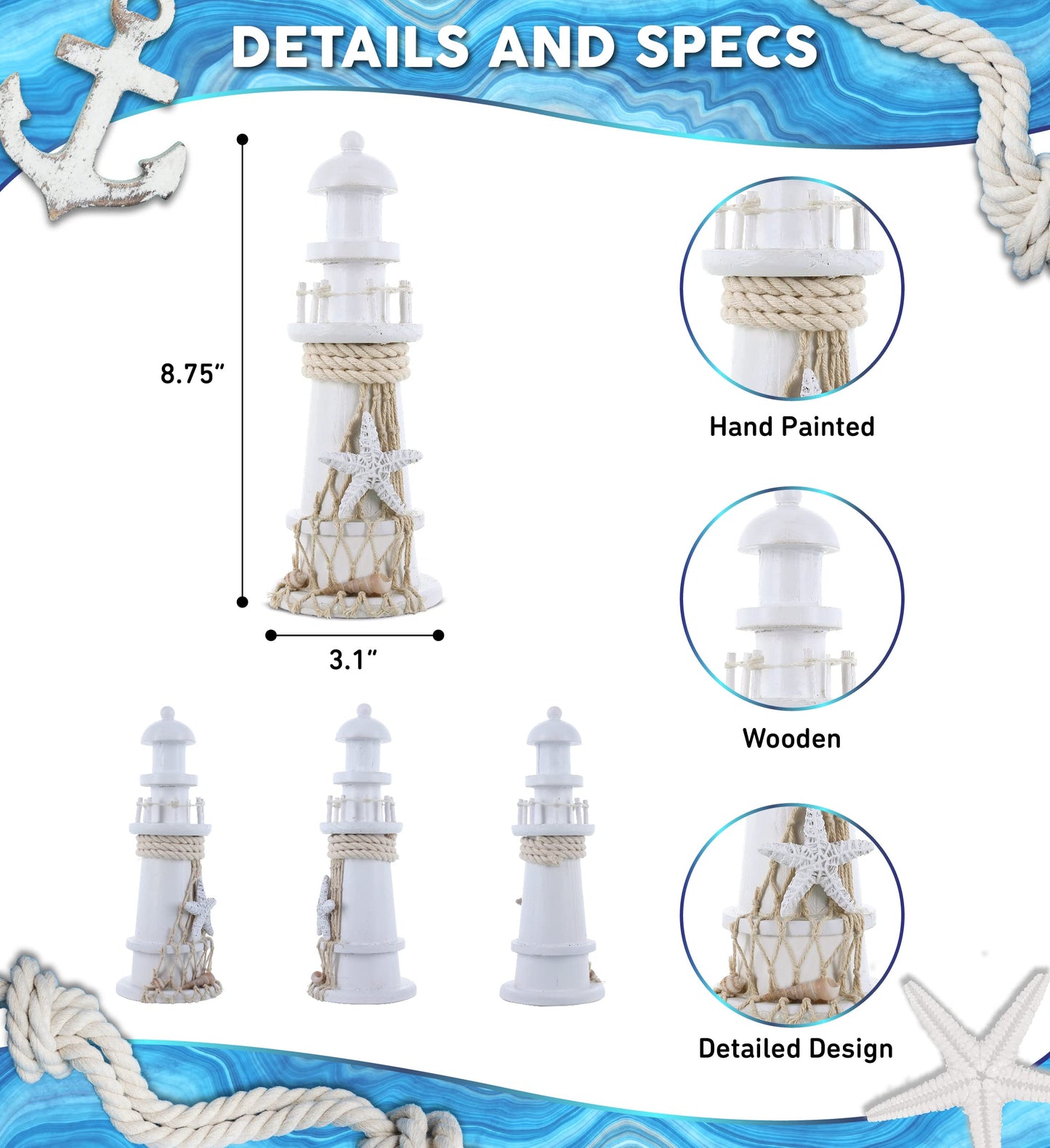 Puzzled COTA Global White Lighthouse Decor - Handmade and Crafted Wooden Lighthouse Decoration with Starfish, Decorative Tabletop Centerpiece Home Decor - 8.75 Inches