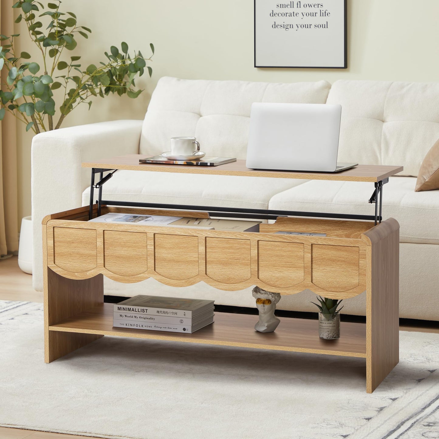 Lift Top Coffee Table with Hidden Compartment, 2 Tier Wooden Center Table with Wave Panel, Modern Lift Tabletop for Home Living Room Office, Natural