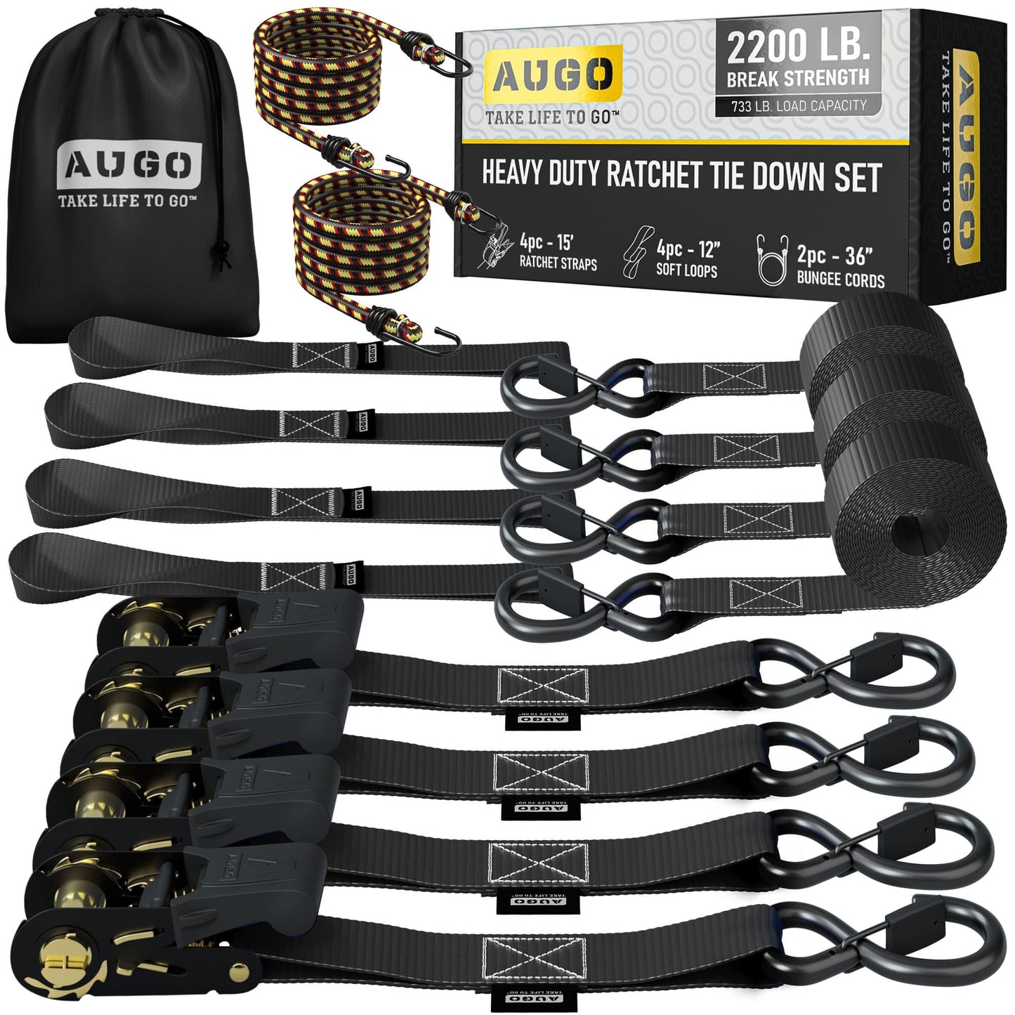 AUGO Ratchet Straps Heavy Duty 4 Pack -15 FT - 2200 LB Break Strength – with Safety Lock S Hooks - Cargo Straps for Moving, Appliances, Motorcycle – Soft Loop Tie Down Straps