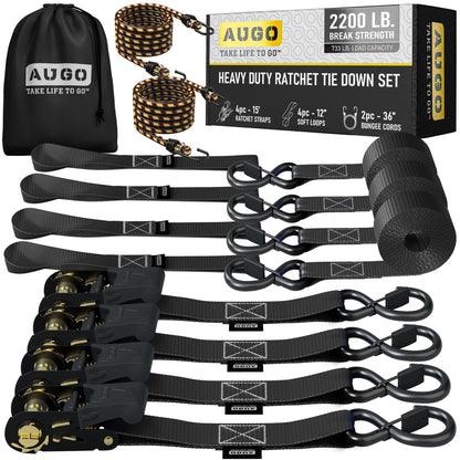 AUGO Ratchet Straps Heavy Duty 4 Pack -15 FT - 2200 LB Break Strength – with Safety Lock S Hooks - Cargo Straps for Moving, Appliances, Motorcycle – Soft Loop Tie Down Straps