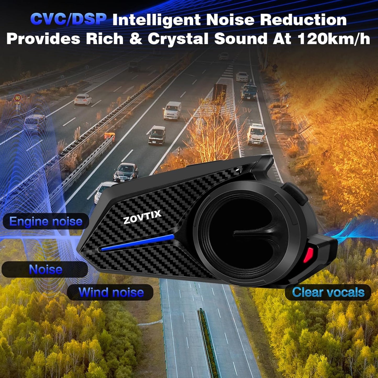 ZOVTIX Motorcycle Helmet Headset, 8 Riders Intercom Headset Communication System Speakers with Music Sharing/HiFi Sound/3 EQ Music Modes/DSP&CVC Noise Cancellation/IP67/FM Radio/Wake up Siri (2 Pack)