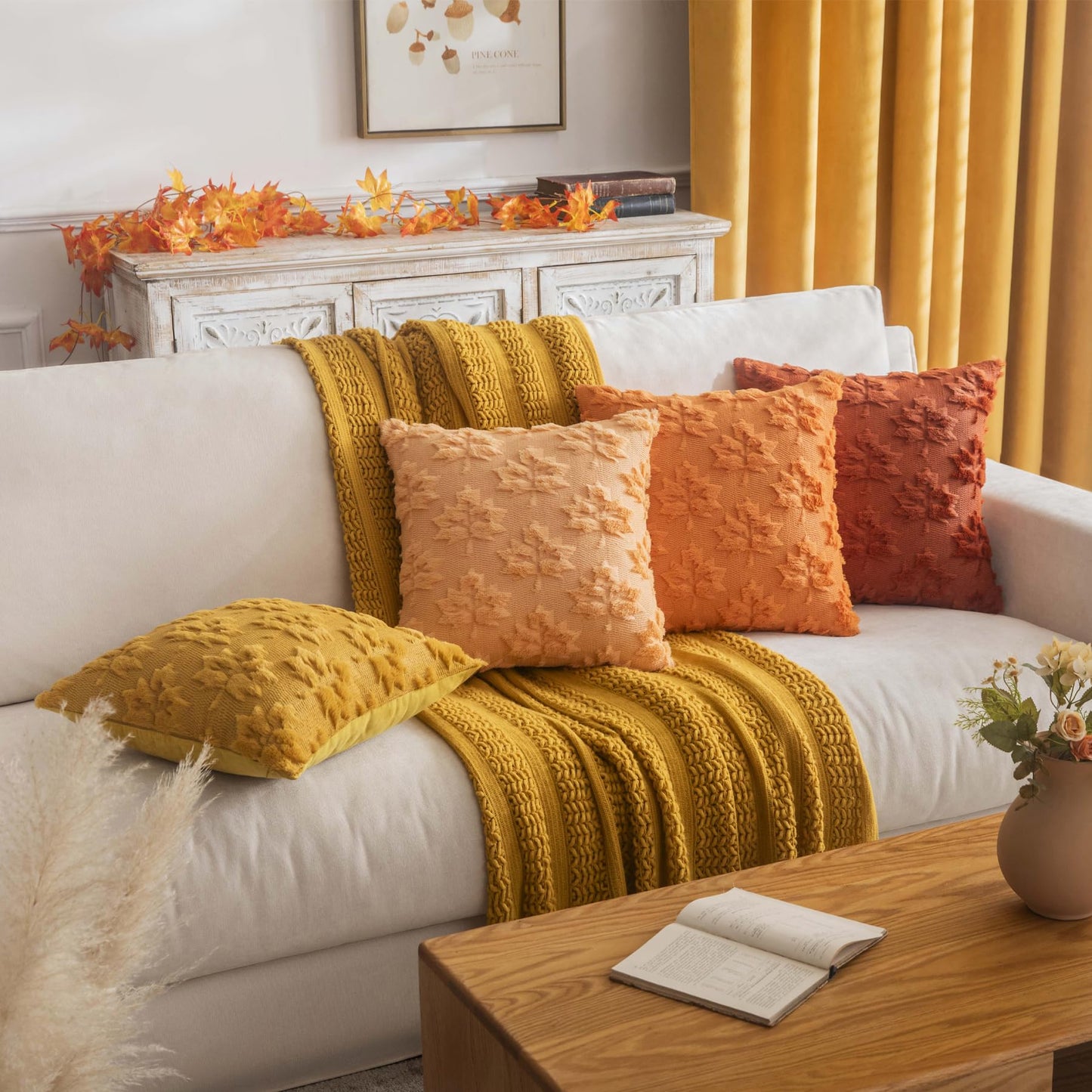 COSIBONO Maple Leaf Fall Throw Pillow Covers 20"x20" Set of 2, Light Gold Farmhouse Decorative Pillow Covers for Autumn Harvest Holiday Accent Pillow Cases, Faux Fur Pillow Covers for Couch Bed Room