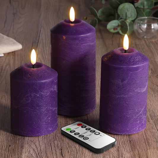 Eywamage Purple Flameless Pillar Candles with Remote, Real Wax Flickering Battery Operated LED Candles Set of 3