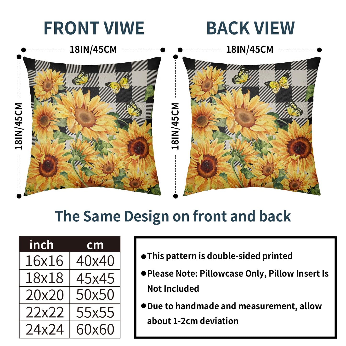 Sunflower Pillow Covers 18x18 Set of 2 Yellow Floral Butterfly Spring Summer Buffalo Plaid Outdoor Decorative Throw Pillows Farmhouse Pillowcases Linen Cushion Case Decor for Home Sofa Couch Bed