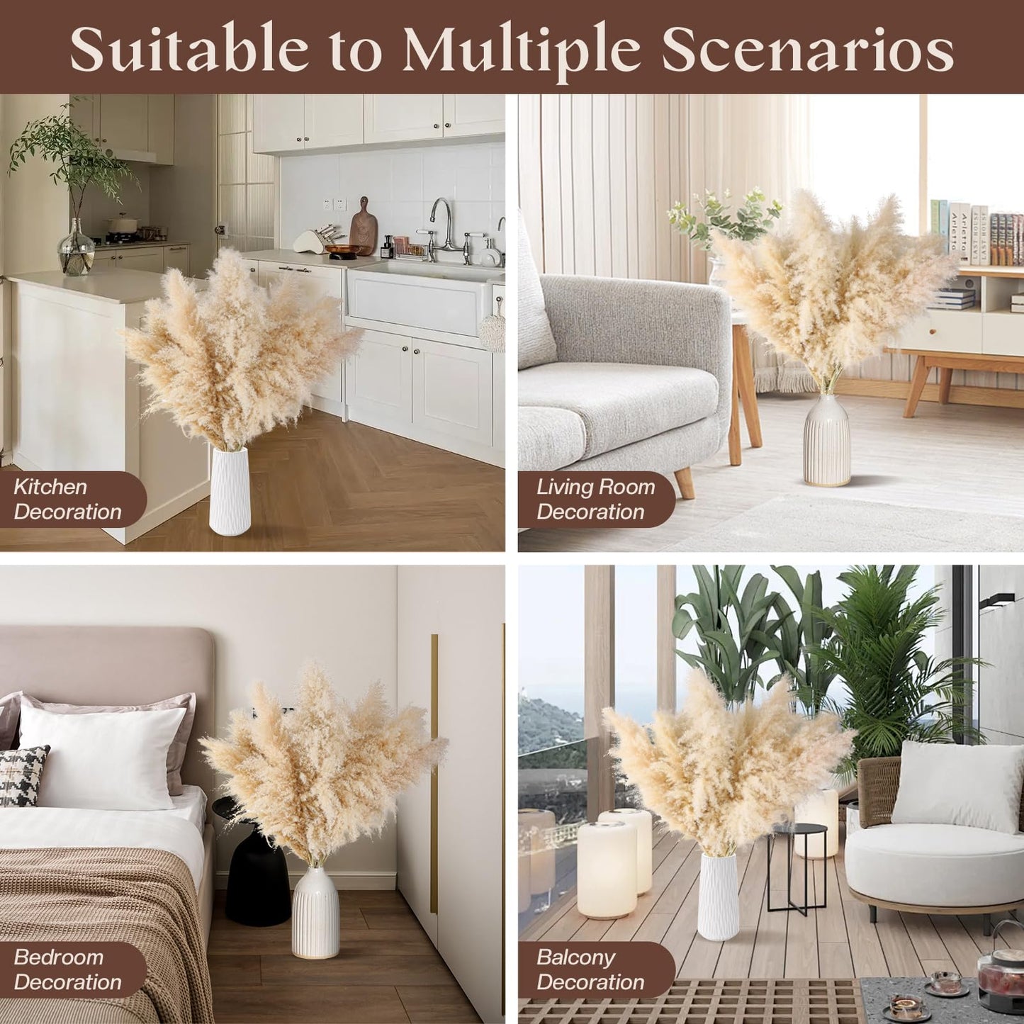 Pasuvsigt 12pcs 40'' Dried Pampas Grass Decor - Tall-Large Pampas Grass - Natural Beige - Boho Home Decor