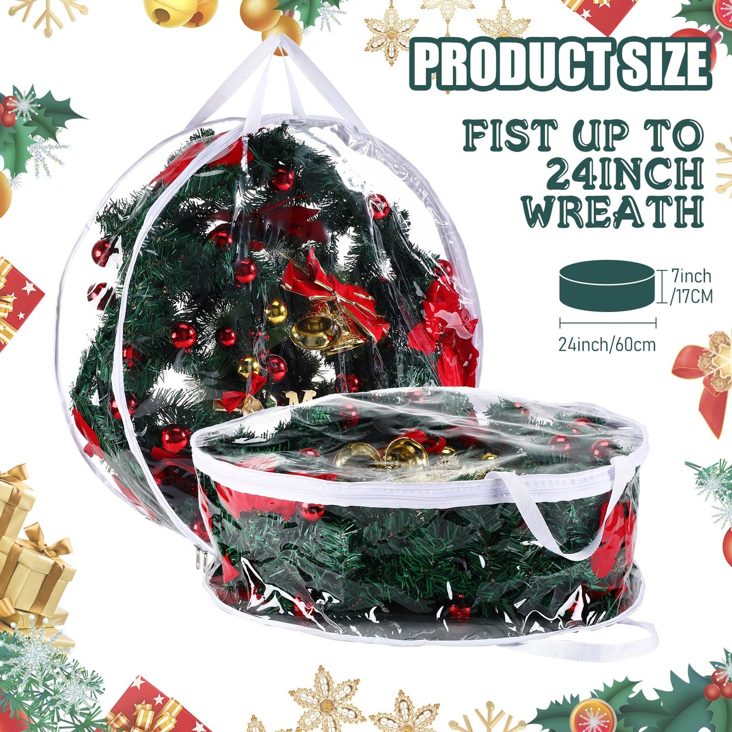 Shappy 4 Pieces Clear Christmas Wreath Storage Container 24 Inches Xmas Wreath Storage Bag Plastic Christmas Garland Container with Dual Zippers and Reinforced Handles for Xmas Seasonal (Clear)