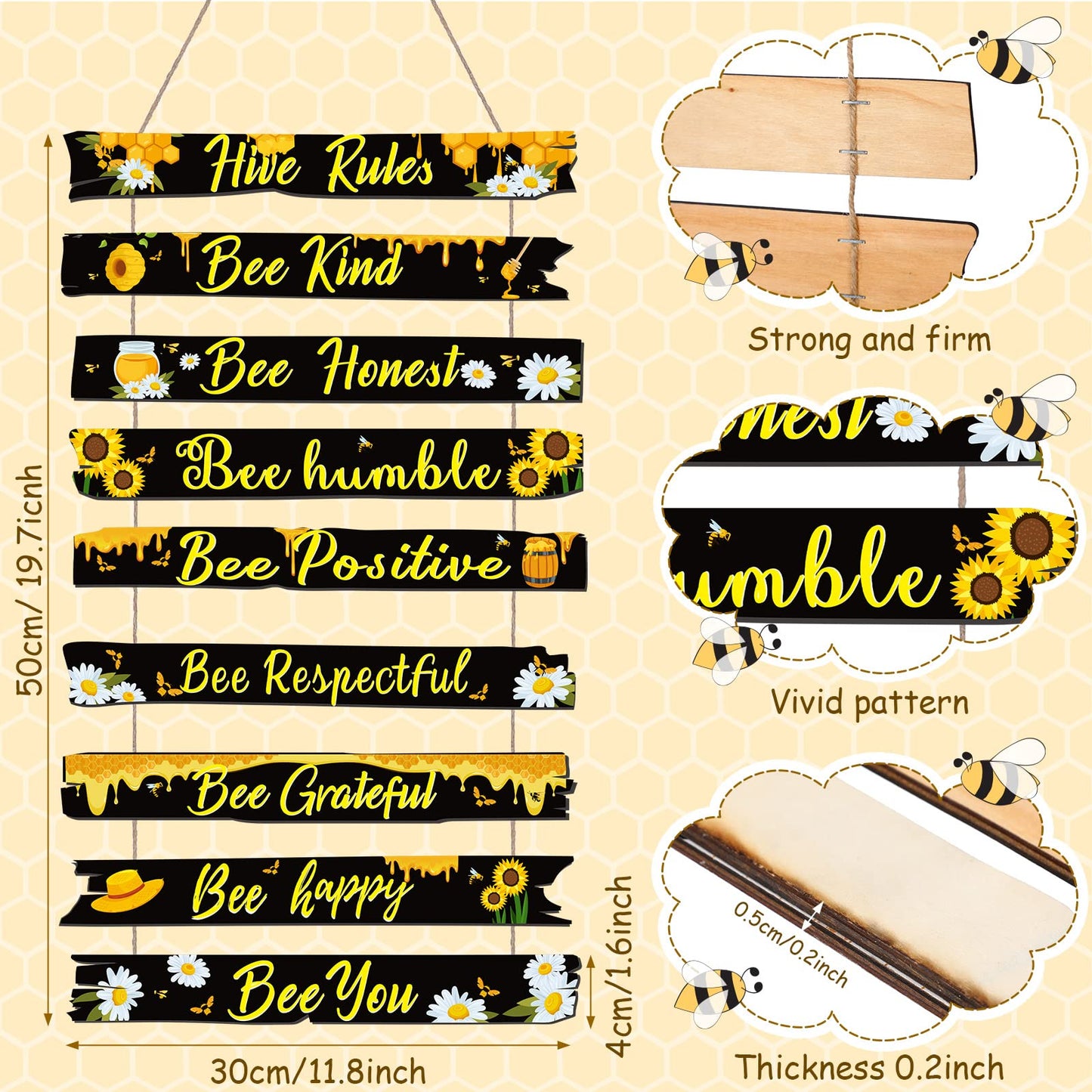 Jetec Bee Decor Plaque Gift Bee Sign Hive Rules Wall Decor Christmas Daisy Ornament for Xmas Home Spring Daisy Sunflower Decorations for Living Room Kitchen(Black)